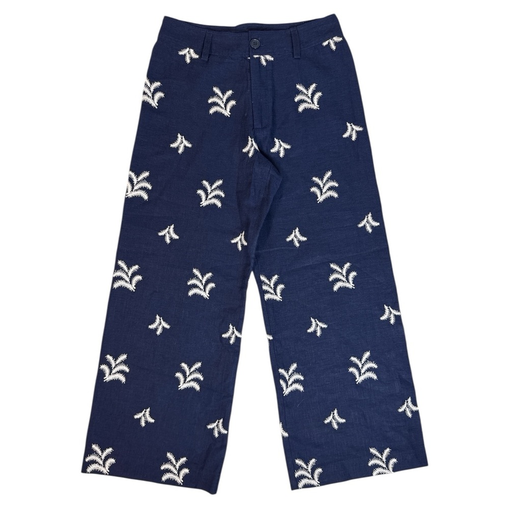 Elie Tahari Navy Blue Embroidered Cropped Wide Leg Linen Blend Pants Size 6 EUC